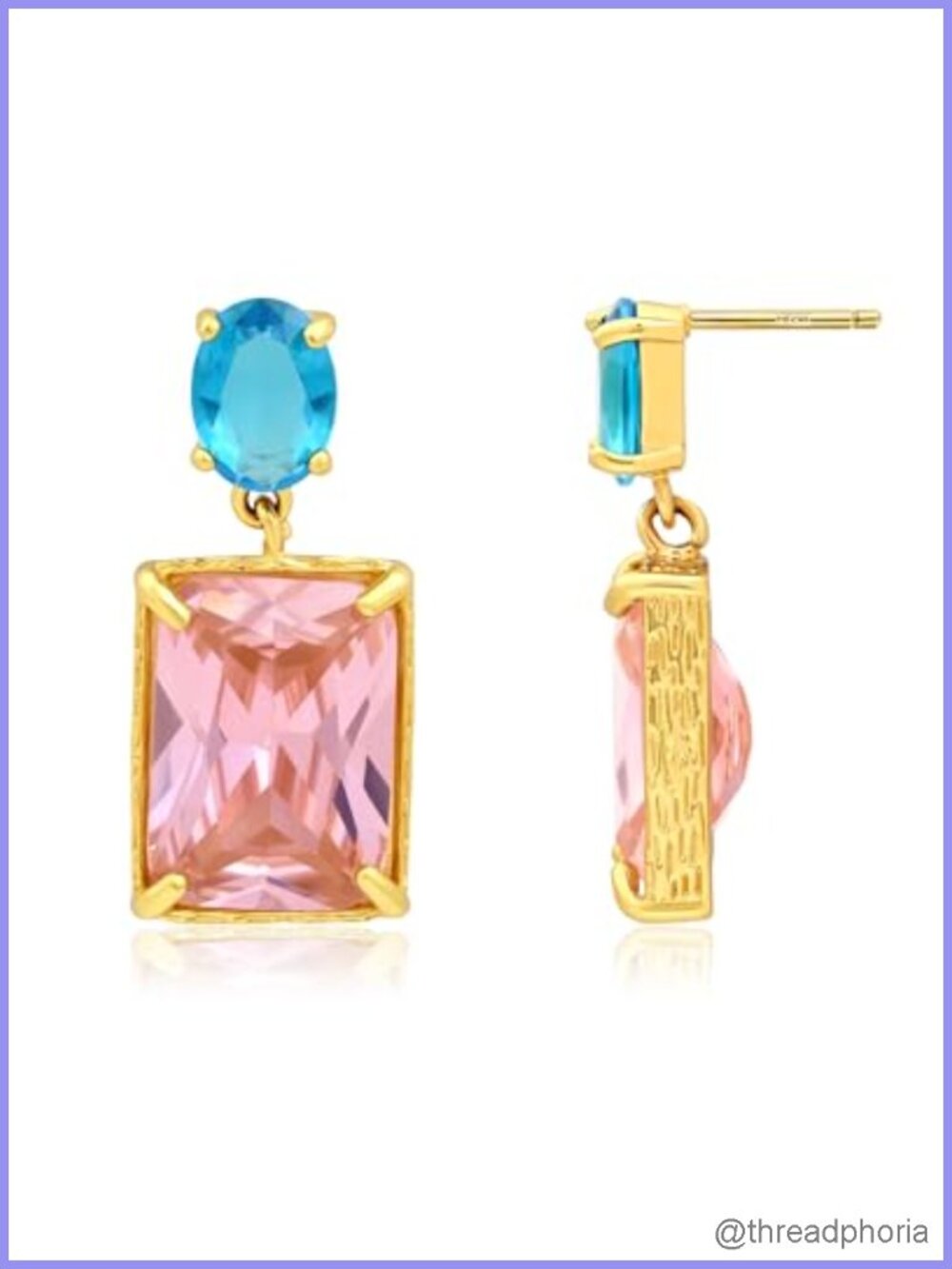 14K Gold Plated Pink Crystal Square Stone Drop Dangle Geometric Earrings